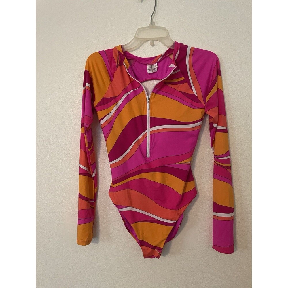 Trina Turk Paddle Suit Womens Small Multicolor Geo Half Zip Rash Swimsuit